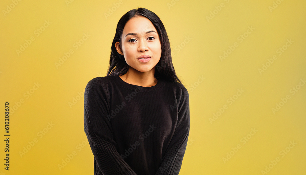 Girl Wearing Black Knitted Jumper Isolated on Yellow Background Pointing and Looking for Fashion Sales, product sales, Product Presentation, Advertising, Branding, Graphic Design, Web Design, Fashion Girl Wearing Black Knitted Jumper Isolated on Yellow Background Pointing and Looking for Fashion Sales, product sales, Product Presentation, Advertising, Branding, Graphic Design, Web Design, Fashion