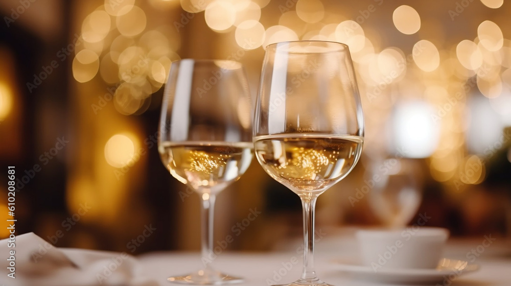AI generative image of a wineglass of white wine in a wedding scene as background AI generative image of a wineglass of white wine in a wedding scene as background