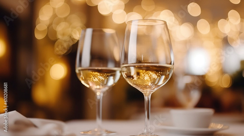 AI generative image of a wineglass of white wine in a wedding scene as background 