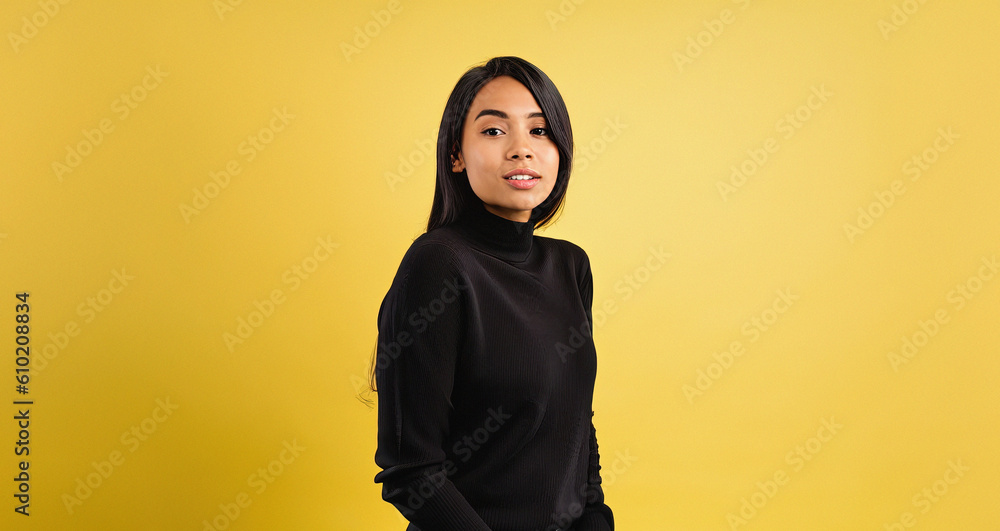 Girl Wearing Black Knitted Jumper Isolated on Yellow Background Pointing and Looking for Fashion Sales, product sales, Product Presentation, Advertising, Branding, Graphic Design, Web Design, Fashion Girl Wearing Black Knitted Jumper Isolated on Yellow Background Pointing and Looking for Fashion Sales, product sales, Product Presentation, Advertising, Branding, Graphic Design, Web Design, Fashion
