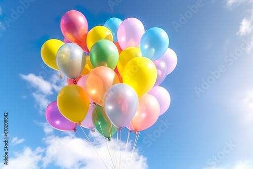 colorful balloons in the blue sky and clouds, 3d render,  birthday party celebration