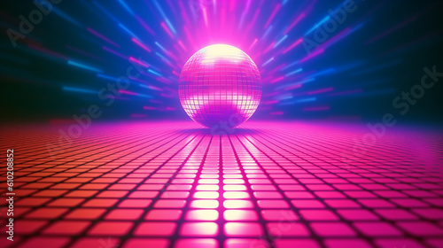 AI generative image about a mirror ball of a disco pub with a colorful and cool background 