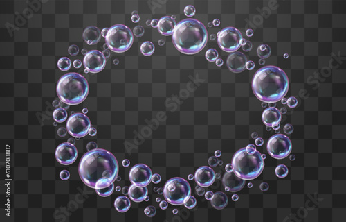 Vector realistic soap bubbles with rainbow reflection isolated on png background. Transparent colorful soap bubbles. Vector summer design element