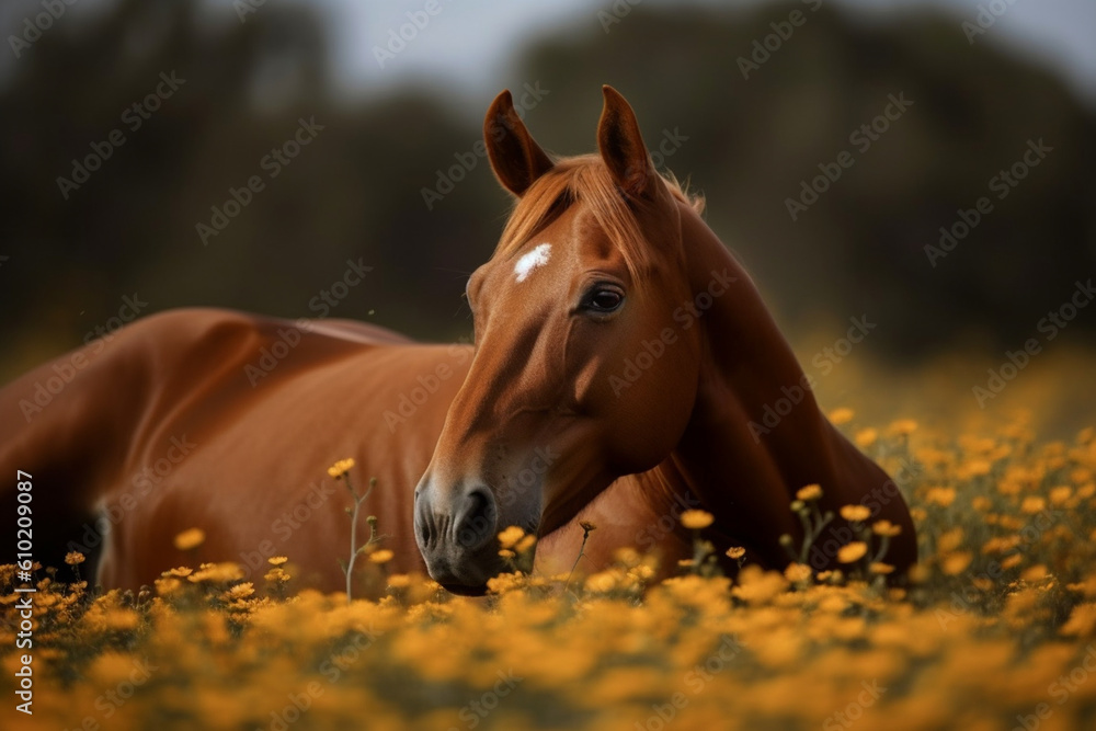 a horse resting in a field of flowers, Generative AI a horse resting in a field of flowers, Generative AI