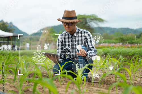 Smart farmer using application by tablet concepts modern agricultural technology and visual icon.Smart farming