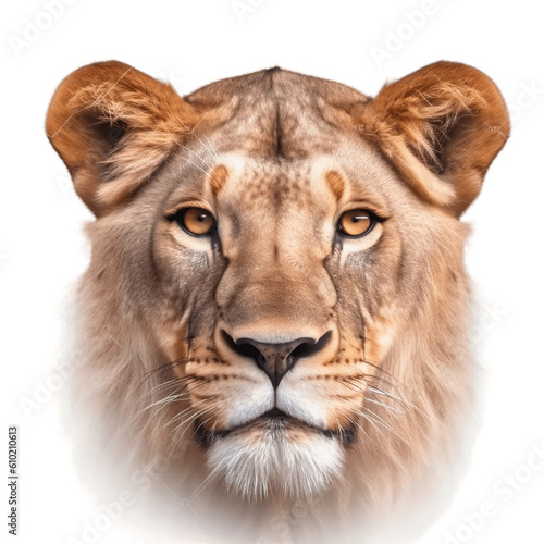 Isolated Female Lion Face Shot, Transparent Background. Generative AI