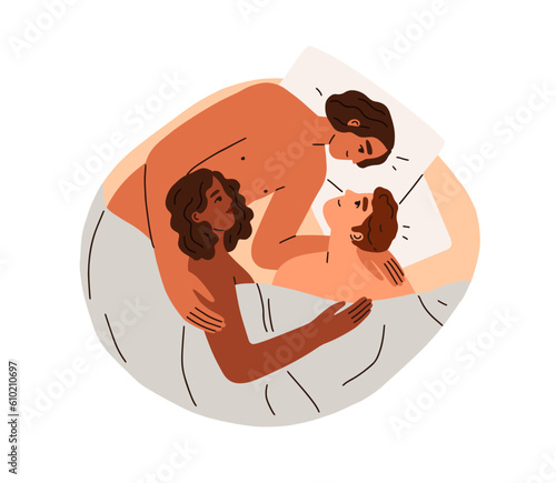 Threesome, bisexual men, women in bed. Three lovers, love partners. Group sex, intimate relationship, intimacy, intercourse in polyamory family. Flat vector illustration isolated on white background