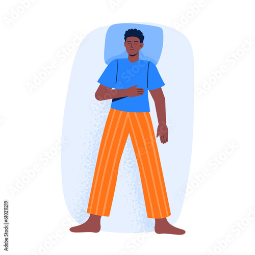 A man sleeps in a back pose in pajamas. Top view of night sleeping position. Vector illustration in flat style isolated on white background.