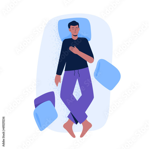 A man lying in a back pose during dream or relax. Top view of night sleeping position. Vector illustration in flat style isolated on white background.