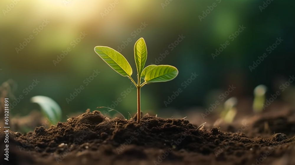 Close up of the seedling are growing from the rich soil, Ecology concept. Generative Ai. Close up of the seedling are growing from the rich soil, Ecology concept. Generative Ai.