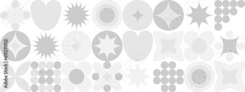 Geometric shapes in the form of circles, squares and hearts, trendy background of gray and white patterns for design. Trendy mosaic cover template, seamless stencil for fabric, textile and wallpaper.