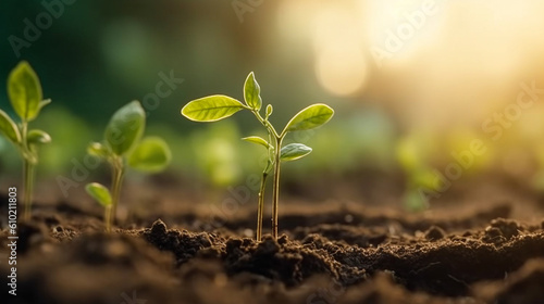 Close up of the seedling are growing from the rich soil  Ecology concept. Generative Ai.