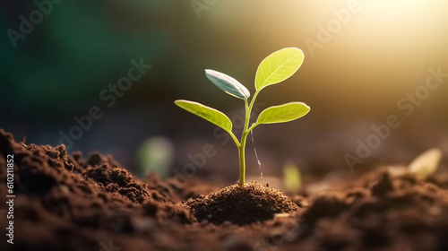 Close up of the seedling are growing from the rich soil, Ecology concept. Generative Ai.