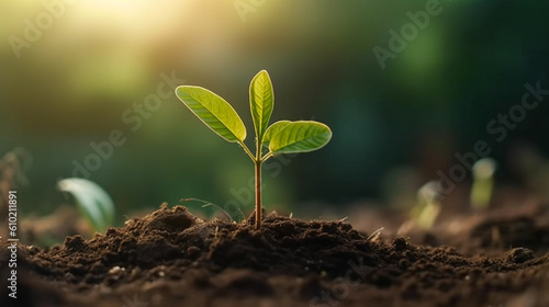 Close up of the seedling are growing from the rich soil, Ecology concept. Generative Ai. © qOppi