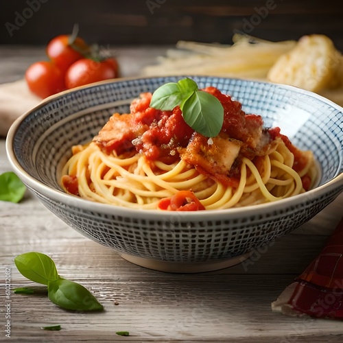 Spaghetti on black plate on wooden background. top view