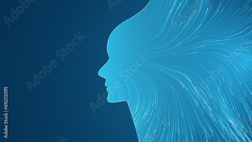 Futuristic Artificial Technology Concept with Flow of Glowing Lit Neural Connections Forming a White Human Face Profile, Dynamic 3D Smart Tech Design with Digitally Generated Flowing Lines Pattern
