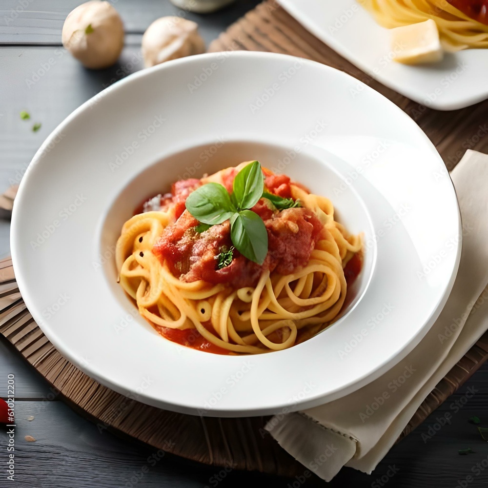 Spaghetti on black plate on wooden background. top view Spaghetti on black plate on wooden background. top view