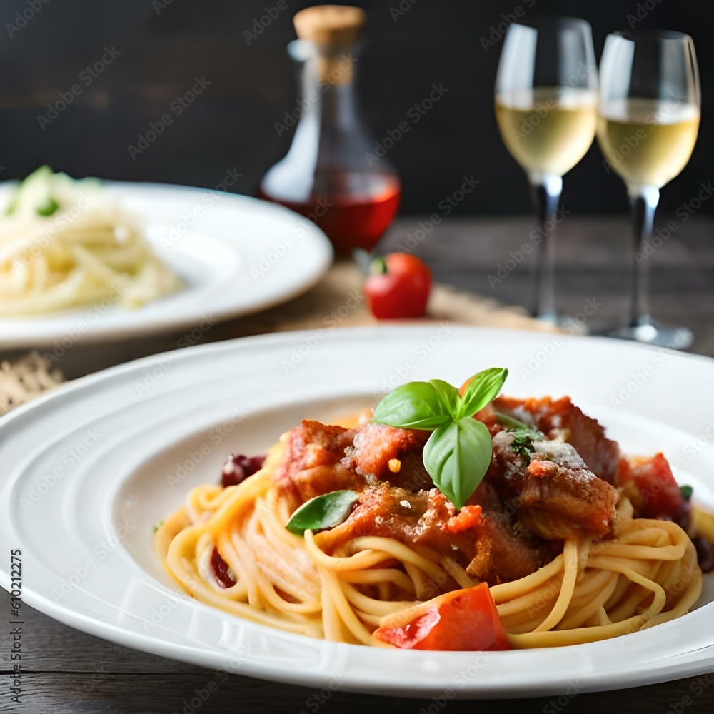 Spaghetti on black plate on wooden background. top view Spaghetti on black plate on wooden background. top view