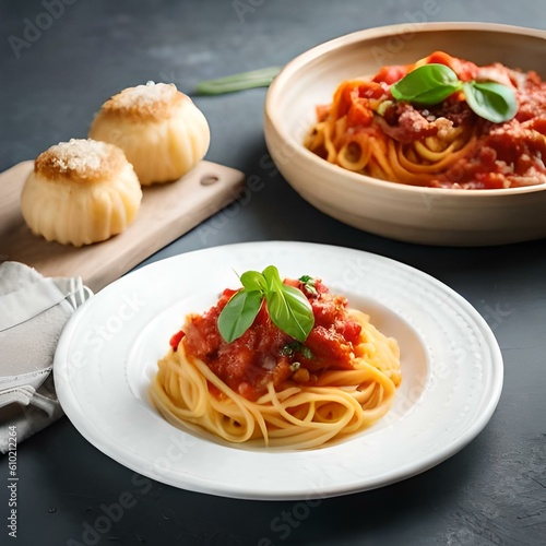 Spaghetti on black plate on wooden background. top view