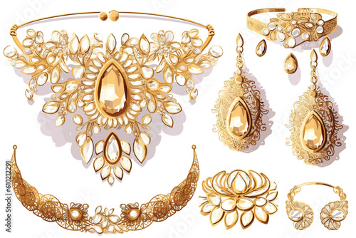 Gold jewelry on white background vector art painting.