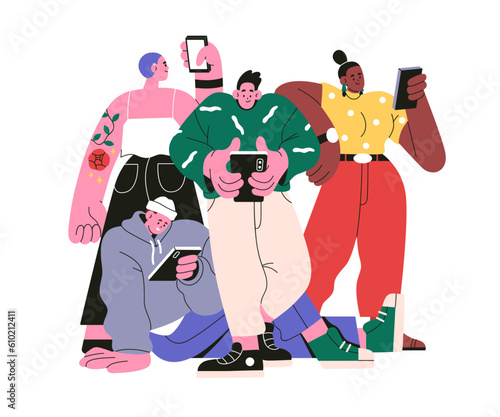 Mobile phone users group. Young people using smartphones, surfing internet, texting, chatting online. Virtual digital community concept. Flat graphic vector illustration isolated on white background