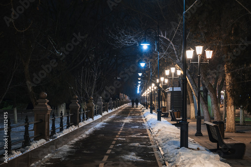 alley with lanterns and benches at night in winter with people