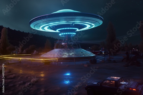 Futuristic UFO flying saucer.Generative Ai