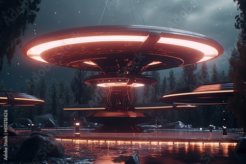 Futuristic UFO flying saucer.Generative Ai © Rudsaphon