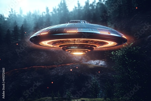 Futuristic UFO flying saucer.Generative Ai