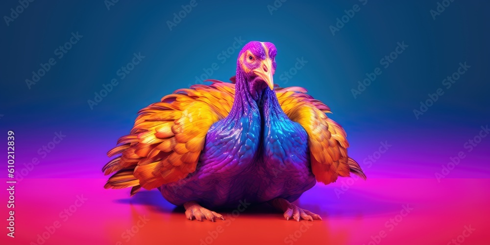 Portrait of a turkey on a brightly colored background for Thanksgiving, purple and orange,  created with generatve ai