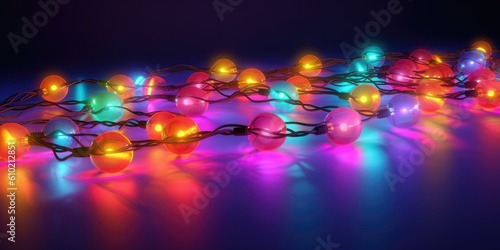 multicolored christmas lights on a dark background with copy space, created with generatve ai