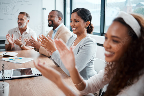 Business people  applause and meeting in conference  presentation or team seminar at the office. Happy group of employees clapping for teamwork  support or motivation in boardroom at the workplace