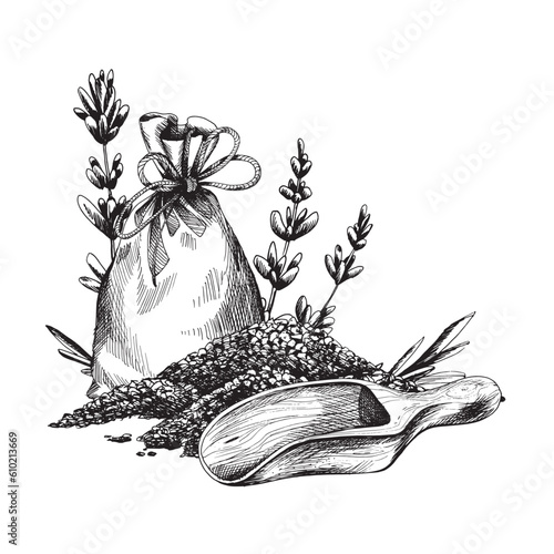 Canvas bag with sea salt and scoop with lavender flowers. Hand drawn illustration, EPS graphic vector. Isolated composition on a white background.