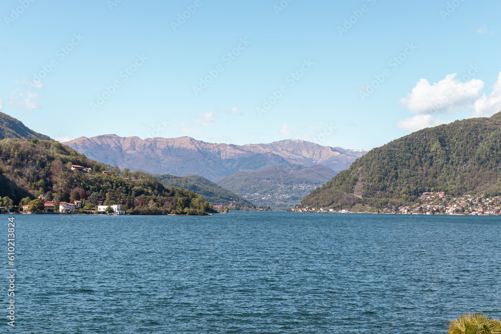 High angle view of lake Lugano from Porto Ceresio (Italy)