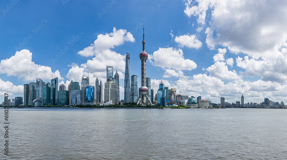 Panoramic view of downtown buildings and beautiful clouds in Shanghai, China
