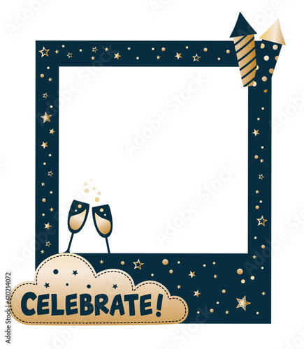 Graduation party photo booth props. Frame with firecracker and champagn. Photobooth vector element. Concept for selfie. Congrats grad quote. Gold and black decoration for celebration. Celebrate