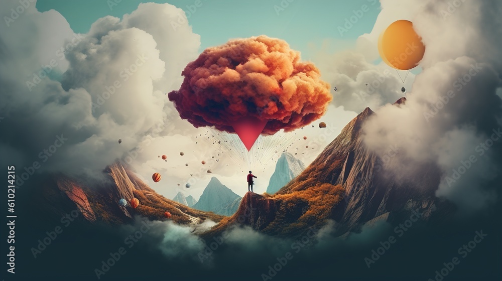 Surreal float landscape with waterfall paradise idea on blue sky cloud ...