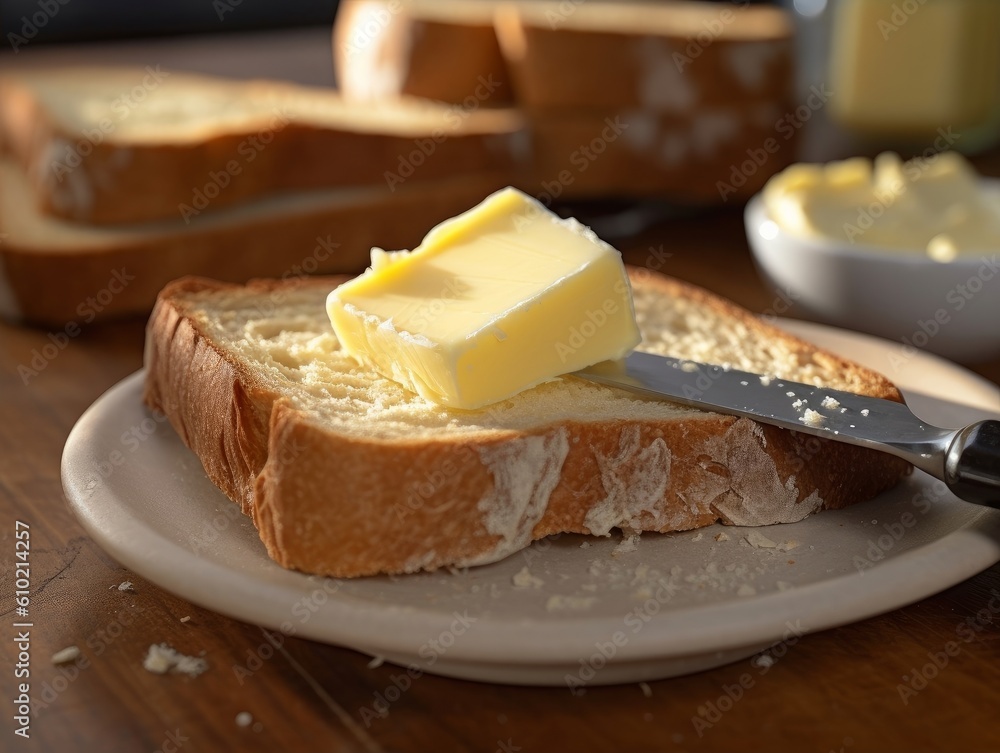 butter with a knife on top and soft toast in the background