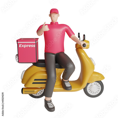 Delivery guy in red uniform stands with the big bag. 3d illustration. Cartoon character.