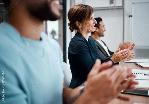 Happy, business people and applause in meeting seminar, presentation or team growth at office. Group of employees or audience clapping in conference for teamwork, support or motivation at workplace