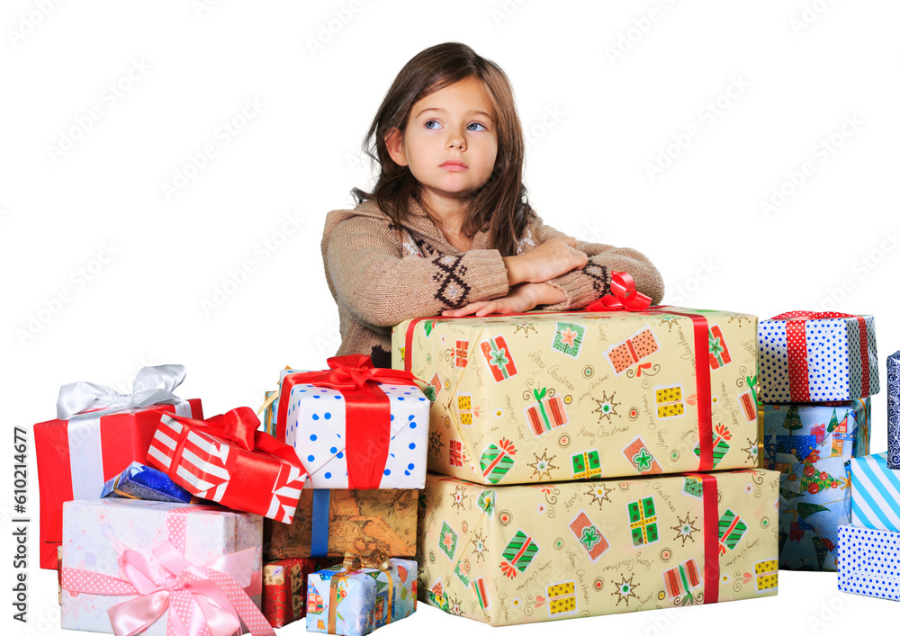 Little girl with gift boxes isolated on white background Little girl with gift boxes isolated on white background