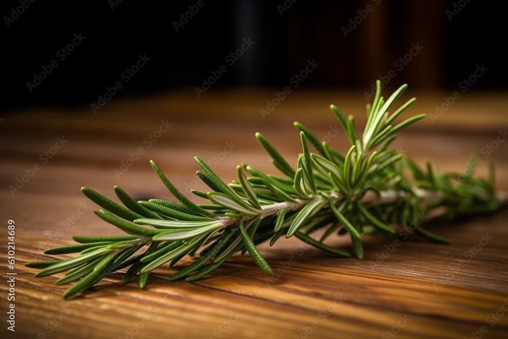 Rosemary with its needle-like leaves and woody stem on a wooden table Rosemary with its needle-like leaves and woody stem on a wooden table