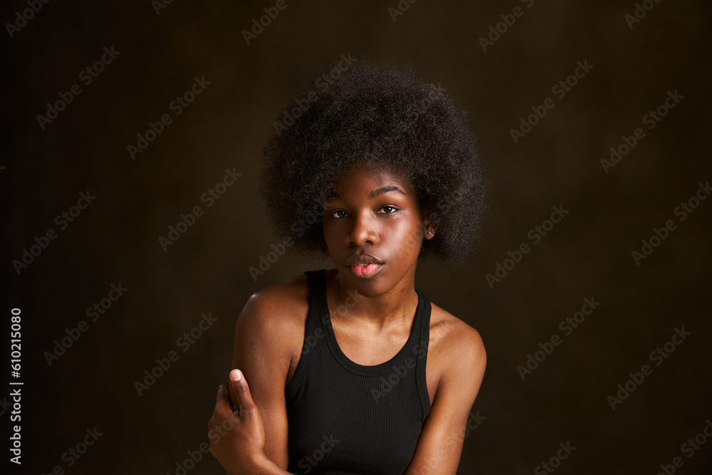 Portrait of a beautiful young black woman with curly black afro hair Portrait of a beautiful young black woman with curly black afro hair