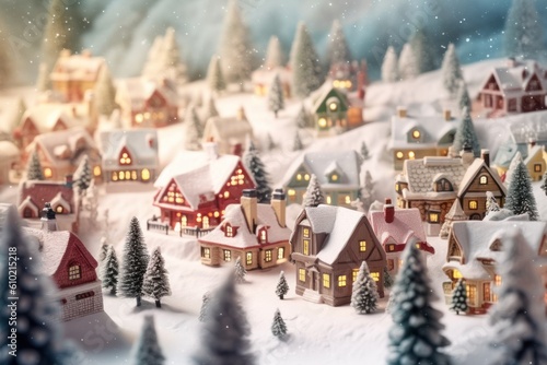 Miniature Christmas village houses. Festive background. AI generative image. © vlntn