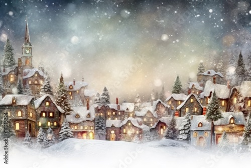 Miniature Christmas village houses. Festive background. AI generative image.