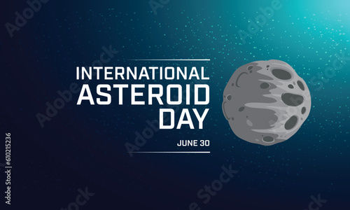 International Asteroid Day design with an asteroid illustration on deep space blue background. Vector illustration.