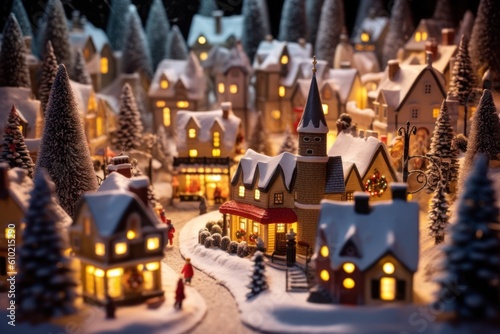 Miniature Christmas village houses and snowfall. Festive background. AI generative image.