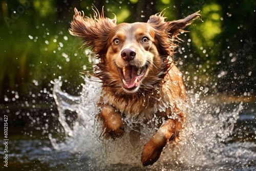 Dog splashing water fun. Generate Ai © nsit0108