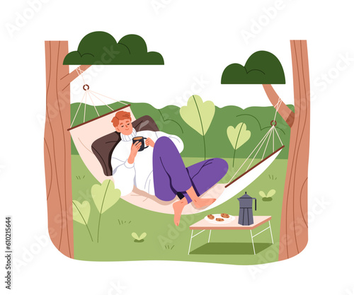 Man relaxing in hammock in nature. Person resting with coffee mug on summer h...