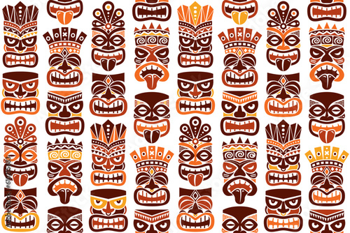 Tiki pole totem vector seamless pattern - traditional statue or mask repetitve design from Polynesia and Hawaii in brown and orange
 photo
